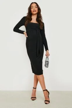 Vestito Midi Premaman A Maniche Lunghe Con Scollo Quadrato