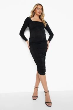 Vestito Midi Premaman Seducente Con Scollo Quadrato E Drappeggio