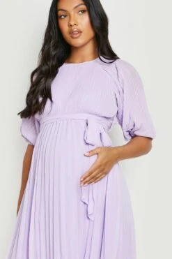 Vestito Midi Premaman Con Laccetti In Vita, Pieghe E Maniche A Sbuffo -Negozio al dettaglio Vestiti bzz02052 lilac xl 3