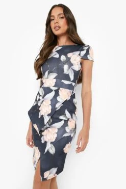 Vestito Midi Asimmetrico Con Stampa A Fiori E Volant Sul Fondo