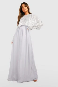 Vestito Maxi Da Cerimonia Con Paillettes E Maniche Ad Ala Di Pipistrello