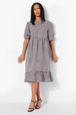 Vestito Smock Midi A Quadretti Con Volant Sul Fondo E Maniche A Sbuffo -Negozio al dettaglio Vestiti fzz09401 black xl 2