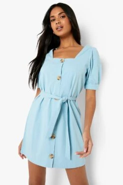 Vestito In Denim Con Bottoni E Laccetti In Vita