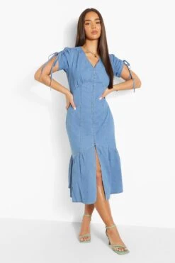 Vestito Midi In Denim Con Bottoni E Fondo Sceso