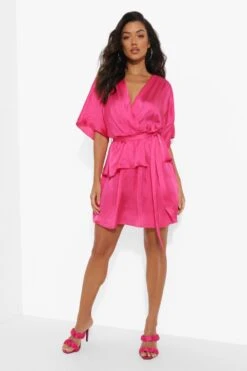 Vestito Skater In Raso Con Maniche Corte Ampie E Cintura -Negozio al dettaglio Vestiti fzz18395 hot20pink xl 2