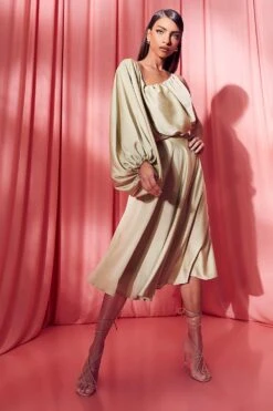 Vestito Skater Midi In Raso Con Maniche A Palloncino -Negozio al dettaglio Vestiti fzz19460 sage xl 2