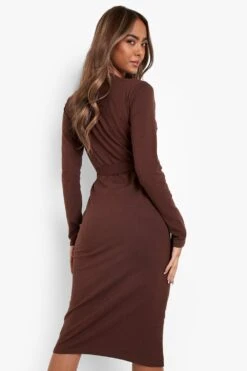 Vestito Midi Basic Con Cintura E Maniche Lunghe 5 Vestito Midi Basic Con Cintura E Maniche Lunghe -Negozio al dettaglio Vestiti fzz24399 chocolate xl 1