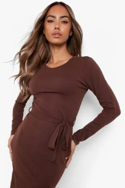 Vestito Midi Basic Con Cintura E Maniche Lunghe 6 Vestito Midi Basic Con Cintura E Maniche Lunghe -Negozio al dettaglio Vestiti fzz24399 chocolate xl 2