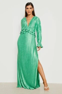 Vestito Maxi A Pieghe Con Scollo E Arricciature 6 Vestito Maxi A Pieghe Con Scollo E Arricciature -Negozio al dettaglio Vestiti fzz26191 green xl 2