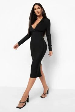 Vestito Midi Fasciante A Maniche Lunghe Con Scollo Profondo