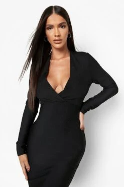 Vestito Midi Fasciante A Maniche Lunghe Con Scollo Profondo -Negozio al dettaglio Vestiti fzz32429 black xl 2