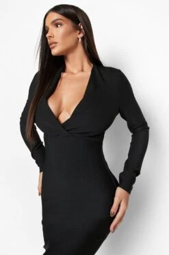 Vestito Midi Fasciante A Maniche Lunghe Con Scollo Profondo -Negozio al dettaglio Vestiti fzz32429 black xl 3