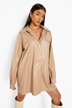 Vestito Camicia Oversize In PU Con Tasche -Negozio al dettaglio Vestiti fzz32482 stone xl 2