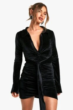 Vestito Camicia In Velluto Colori Arcobaleno Allacciato Davanti