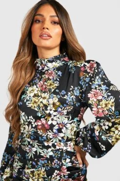 Vestito Midi A Collo Alto Con Stampa A Fiori E Ruches 7 Vestito Midi A Collo Alto Con Stampa A Fiori E Ruches -Negozio al dettaglio Vestiti fzz32665 black xl 3