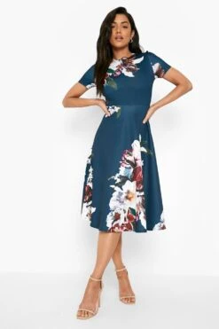 Vestito Skater Midi A Fiori Con Pieghe -Negozio al dettaglio Vestiti fzz38831 navy xl 2