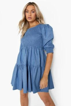 Vestito Grembiule In Chambray Increspato Con Maniche A Sbuffo -Negozio al dettaglio Vestiti fzz39831 mid20blue xl 3