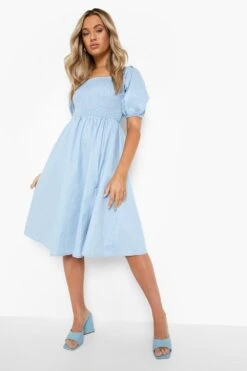 Vestito Midi In Chambray Increspato Con Spacco Sul Fondo