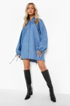 Vestito Camicia Aperto Sul Retro In Chambray Con Maniche A Palloncino