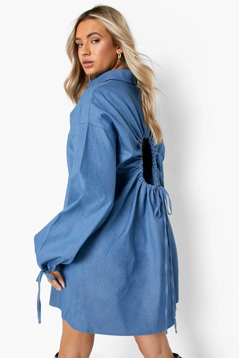 Vestito Camicia Aperto Sul Retro In Chambray Con Maniche A Palloncino 2 Vestito Camicia Aperto Sul Retro In Chambray Con Maniche A Palloncino - immagine 2