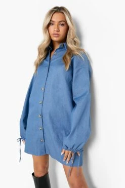 Vestito Camicia Aperto Sul Retro In Chambray Con Maniche A Palloncino 6 Vestito Camicia Aperto Sul Retro In Chambray Con Maniche A Palloncino -Negozio al dettaglio Vestiti fzz40150 blue xl 2