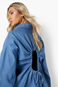 Vestito Camicia Aperto Sul Retro In Chambray Con Maniche A Palloncino 7 Vestito Camicia Aperto Sul Retro In Chambray Con Maniche A Palloncino -Negozio al dettaglio Vestiti fzz40150 blue xl 3