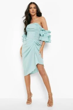 Vestito Midi Con Ruches, Scollo Bardot E Drappeggio