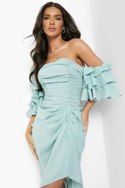 Vestito Midi Con Ruches, Scollo Bardot E Drappeggio -Negozio al dettaglio Vestiti fzz40500 sage xl 3