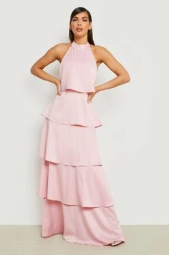 Vestito Maxi Allacciato Al Collo In Raso Con Balze -Negozio al dettaglio Vestiti fzz40571 pink xl 2