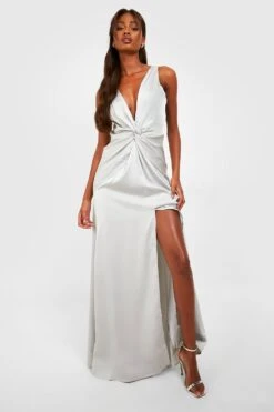 Vestito Maxi In Raso Con Dettagli Attorcigliati E Spacco -Negozio al dettaglio Vestiti fzz40695 grey xl 2