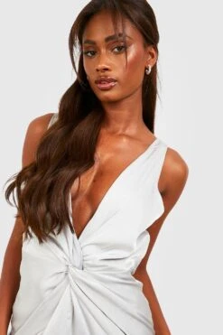 Vestito Maxi In Raso Con Dettagli Attorcigliati E Spacco -Negozio al dettaglio Vestiti fzz40695 grey xl 3