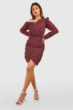 Vestito A Pois Asimmetrico Con Ruches