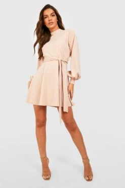 Vestito Skater A Collo Alto Con Maniche A Palloncino E Cintura -Negozio al dettaglio Vestiti fzz50922 stone xl 2