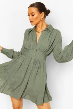 Vestito Camicia In Rete Plumetis Con Spalle Raccolte