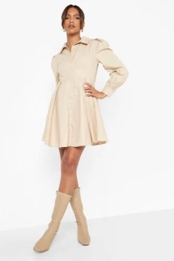 Vestito Camicia In Cotone Con Maniche A Palloncino E Pieghe -Negozio al dettaglio Vestiti fzz56758 stone xl 2