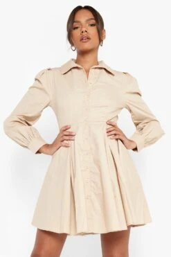 Vestito Camicia In Cotone Con Maniche A Palloncino E Pieghe -Negozio al dettaglio Vestiti fzz56758 stone xl 3