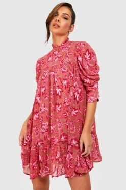 Vestito Grembiule Con Stampa, Maniche A Collo Arricciato -Negozio al dettaglio Vestiti fzz73317 pink xl 2