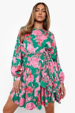 Vestito Skater A Fiori Con Cintura E Dettagli Stile Godet -Negozio al dettaglio Vestiti gzz00183 pink xl 2