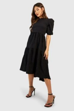 Vestito Midi Con Trama In Rilievo, Balze E Maniche A Sbuffo 6 Vestito Midi Con Trama In Rilievo, Balze E Maniche A Sbuffo -Negozio al dettaglio Vestiti gzz00755 black xl 2