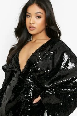 Vestito Midi Petite Con Paillettes E Maniche Svasate 7 Vestito Midi Petite Con Paillettes E Maniche Svasate -Negozio al dettaglio Vestiti gzz01468 black xl 3