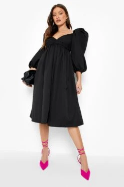 Vestito Grembiule Midi In Popeline Con Scollo A V E Maniche A Sbuffo