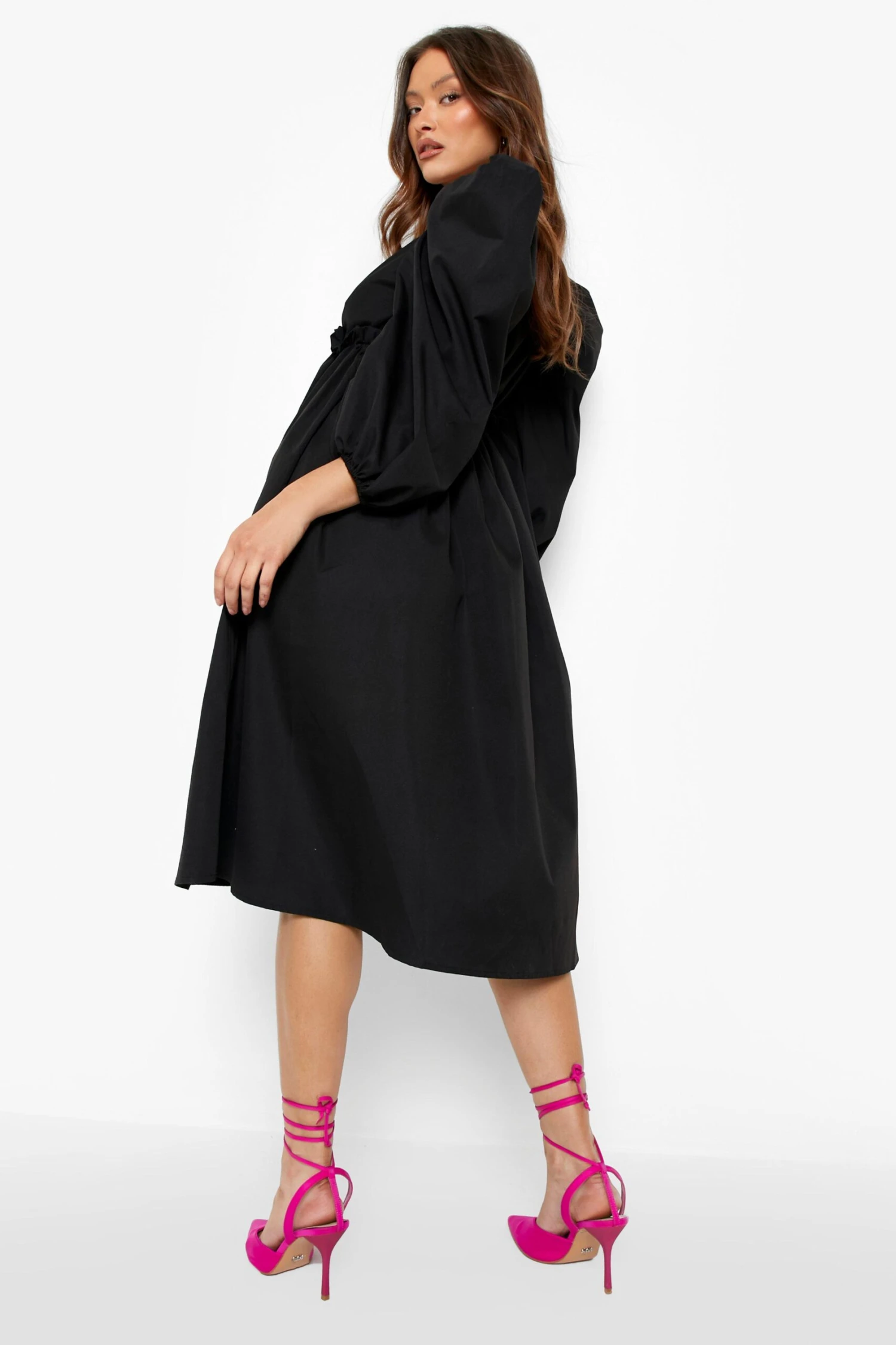 Vestito Grembiule Midi In Popeline Con Scollo A V E Maniche A Sbuffo 2 Vestito Grembiule Midi In Popeline Con Scollo A V E Maniche A Sbuffo - immagine 2