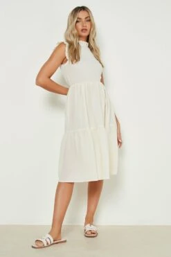 Vestito Smock Midi Con Trama In Rilievo, Balze E Volant