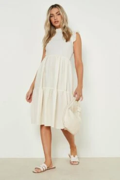 Vestito Smock Midi Con Trama In Rilievo, Balze E Volant -Negozio al dettaglio Vestiti gzz02272 ecru xl 2