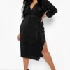 Vestito Midi Plus Size A Incrocio Plissettato Con Laccetti In Vita