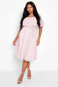 Vestito Skater Midi Plus Size In Plumetis Con Spalle Scoperte -Negozio al dettaglio Vestiti gzz02671 blush xl 2