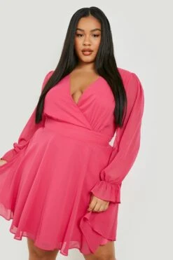 Vestito Skater Plus Size In Chiffon Con Maniche Arricciate