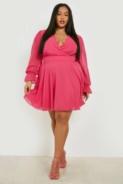 Vestito Skater Plus Size In Chiffon Con Maniche Arricciate -Negozio al dettaglio Vestiti gzz02672 magenta20pink xl 2