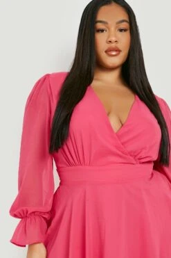 Vestito Skater Plus Size In Chiffon Con Maniche Arricciate -Negozio al dettaglio Vestiti gzz02672 magenta20pink xl 3