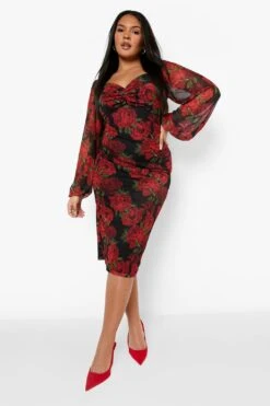 Vestito Midi Plus Size In Rete Con Stampa Di Rose